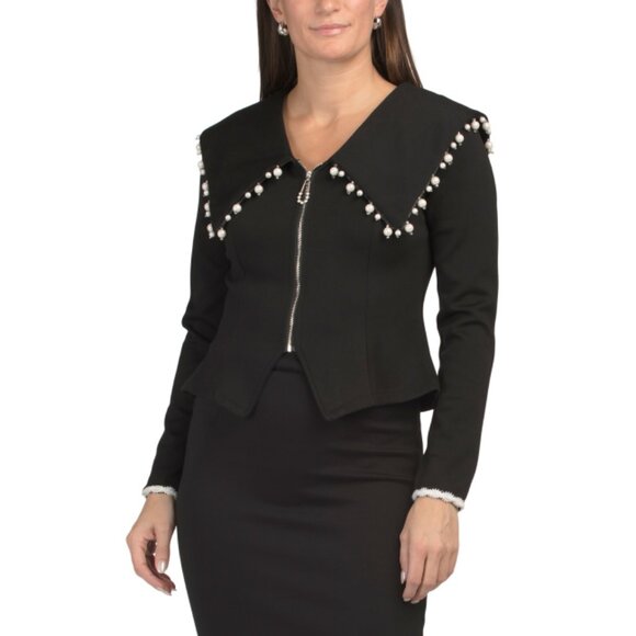 DALIA MACPHEE Black Faux Pearl Zip Front Sweater - Picture 1 of 2